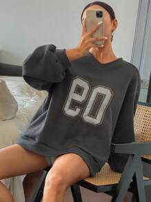 DAZY Áo nỉ dày lót nhiệt cổ chữ V màu tương phản cho nữ, quần áo mùa thu - Xám - Xem 6