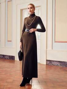 ZEYLAH SOLID TURTLENECK FLARE HEM SWEATER DRESS WITHOUT BELT - Coffee Brown - View 5