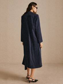 Poéselle Women's Long Navy Blue Striped Pockets Loose Spring And Autumn Winter Long Sleeve Casual Commute Blazer - Navy Blue - View 6