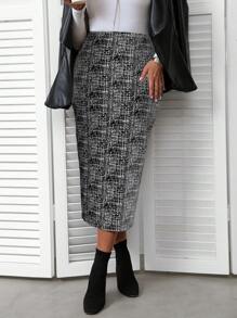 EMERY ROSE Plus Size Fall Women All-Over Print Pencil Bodycon Mini Skirt - Black - View 1