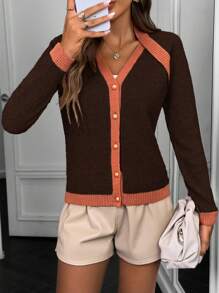 SHEIN LUNE 1pc Women's Contrast Color Trim Front Button Casual Cardigan, Versatile Long Sleeve - Coffee Brown - View 4