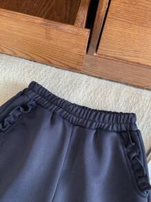 Blossori Young Girls French Elegant Navy Blue Flounce Pocket Loose Knit Sweatshirt & Pants Set, Autumn/Winter - Navy Blue - View 5