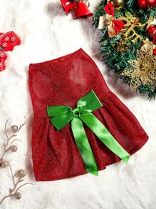 PETSIN Bow Decor Christmas Pet Dress In Wine Red Color, Christmas Gift