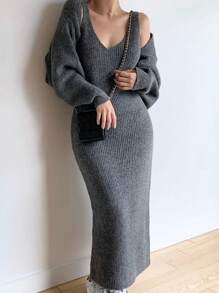DAZY 2pcs Women's Solid V-Neck Sleeveless Fitted Dress And Cardigan Set,Fall Clothes