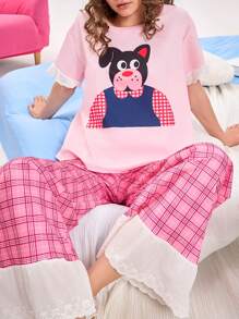 时尚可爱的狗狗格子印花女士睡衣套装 - 彩色 - 查看 1