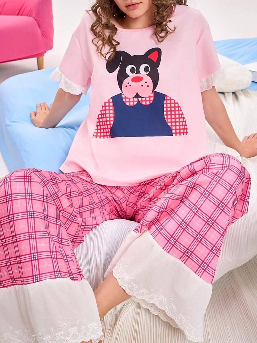 时尚可爱的狗狗格子印花女士睡衣套装 - 彩色 - 查看 1