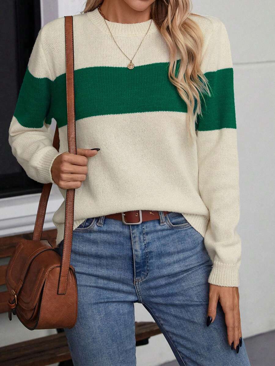 女士休闲简约撞色圆领毛衣 - 米色 - 查看 1