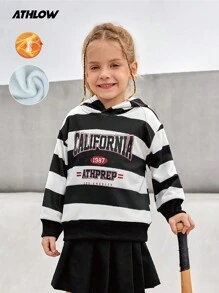 SHEIN Young Girl Outdoor Sports Winter Striped Contrast Color Thermal Lined Hoodie Sweatshirt, Breathable & Soft For Running, Workout & Training - Black and White - View 4