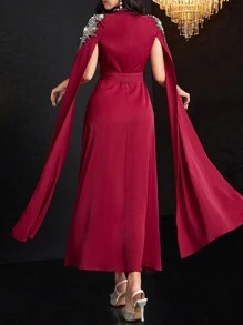 Al Najma 勃艮第红色女式花卉刺绣装饰优雅传统长袖朴素阿拉伯连衣裙 - 酒紅色 - 查看 2