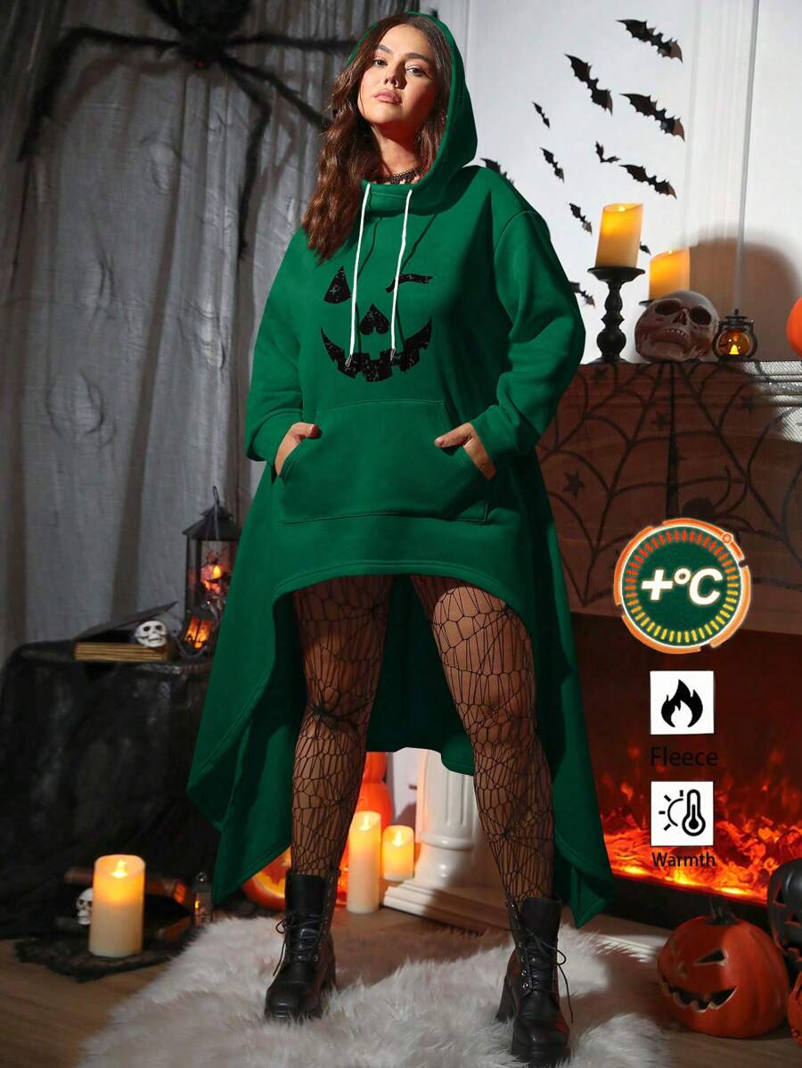 SHEIN LUNE Plus Size Smiling Face Long Halloween Warm Sweatshirt, Autumn/Winter Pullover Fall - Green - View 1