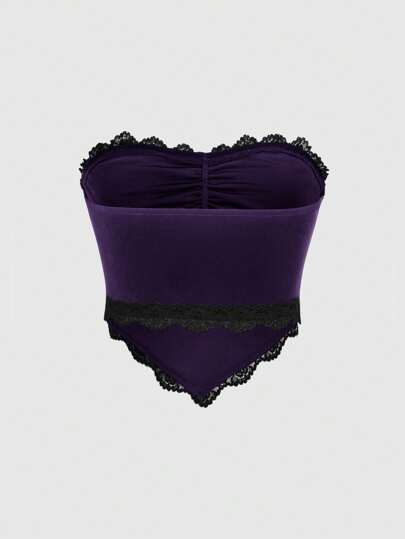 Goth Top camisero asimétrico con decoración de pentáculo de encaje y contraste de terciopelo para mujeres
