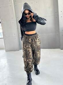 SHEIN ICON Plus Size Casual Loose Leopard Pattern 2 In 1 Wide Leg Jeans - Multicolor - View 3