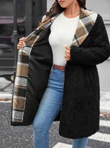 SHEIN LUNE Abrigo de peluche con cuello de chal a cuadros en contraste, talla grande, casual, para otoño/invierno/Día de Acción de Gracias, traje de fiesta, térmico