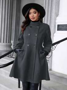 Calvaya Plus Size Casual Stand Collar Double-Breasted Solid Color Overcoat, Autumn/Winter - Dark Grey - View 6