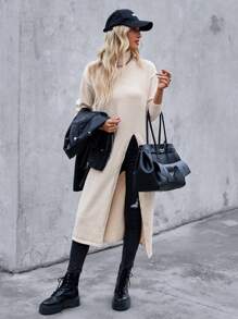 Chiquease Women High Neck Drop Shoulder Long Sleeve High Slit Loose Sweater, Autumn/Winter Knit Pullover Fall Outfit