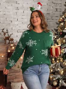 SHEIN LUNE 女士加大码绿色圣诞树雪花针织毛衣，长袖，冬季针织套头衫 - 綠色 - 查看 4