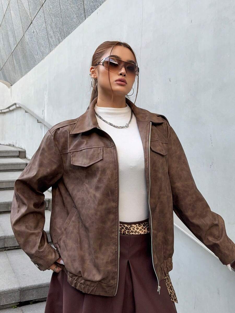 Flirla Damen Jacke in Motorradstil mit Reißverschlusstaschen, winddicht, große Größen, Lässig und Retro, für Herbst/Winter