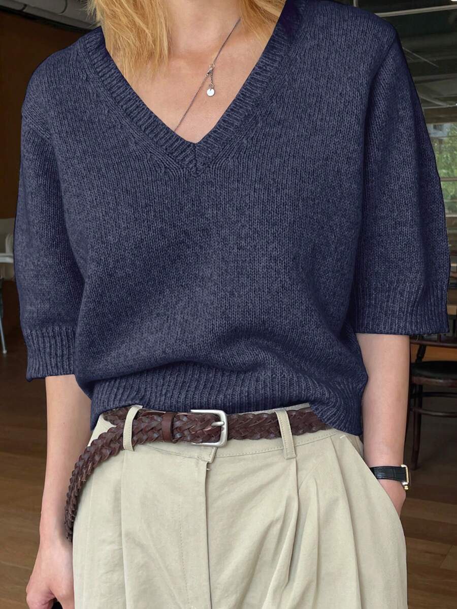 DAZY 女式 V 领休闲商务通勤中性针织毛衣，秋季返校服装 - 藏蓝色 - 查看 1
