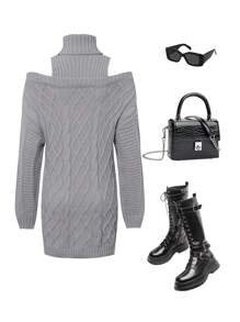 Vestido suéter de cuello alto con hombros abiertos de unicolor informal para adolescentes, otoño/invierno