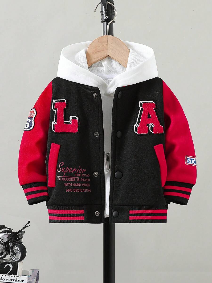 Áo khoác Varsity họa tiết sọc vá chữ cho bé trai, mùa thu đông - Đỏ - Xem 1