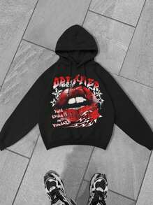 Manfinity EMRG Men's Drawstring Letter Printed Minimalist Hoodie, Casual Daily Wear - Black - View 1