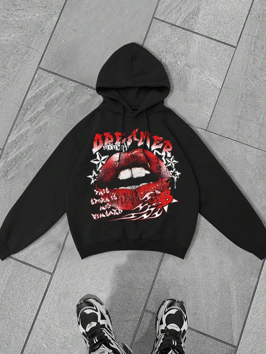 Manfinity EMRG Men's Drawstring Letter Printed Minimalist Hoodie, Casual Daily Wear - Black - View 1