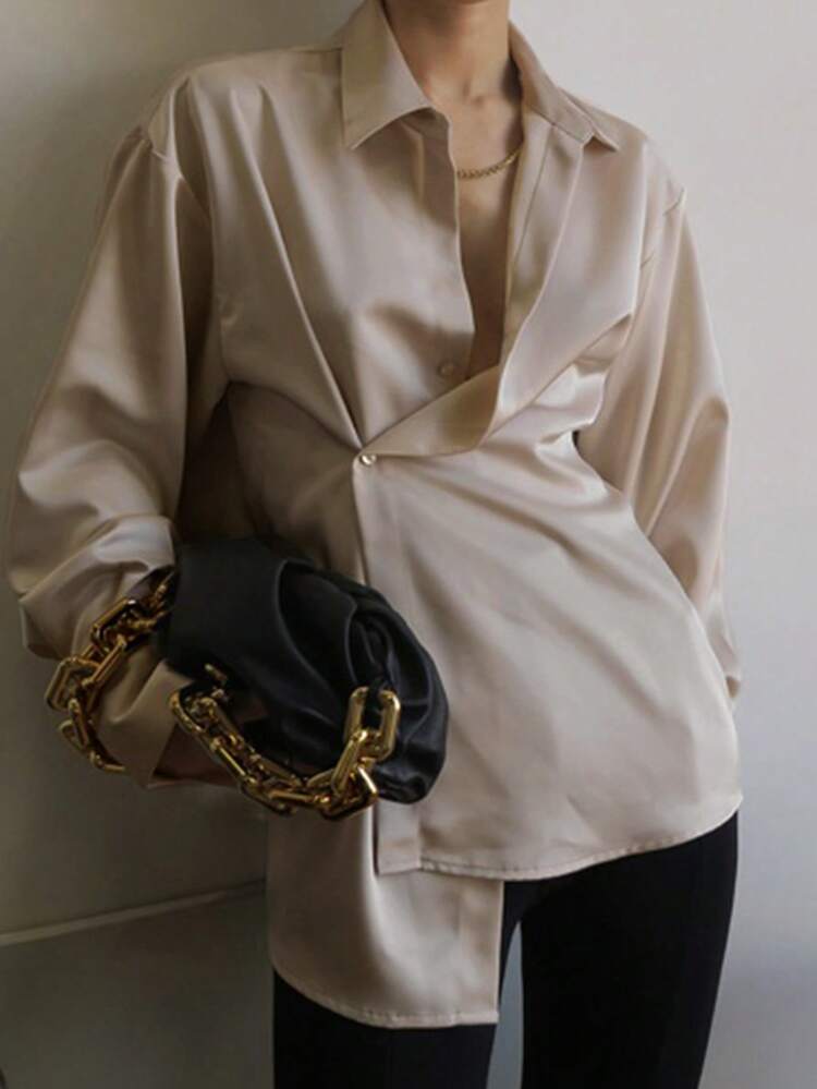 Women Solid Color Collar Glossy Asymmetrical Buttoned Blouse Long Sleeve Top