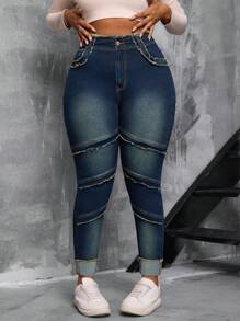 SHEIN SXY Jeggings elásticos de mezclilla con diseño desgastado y cintura alta para mujer de talla grande