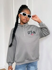 SHEIN Sudadera de manga larga cómoda con cuello de tripulación y estampado de letras suelta casual para niñas preadolescentes