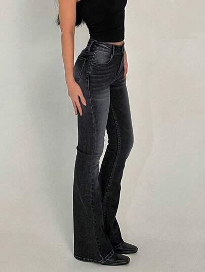 Jeans de mezclilla elásticos con efecto desgastado vintage y acampanados para mujer, de uso casual en primavera, color negro