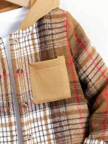 SHEIN Young Boy Plaid Pocket Single-Breasted Hooded Casual Jacket, Spring Autumn - Brown - View 6