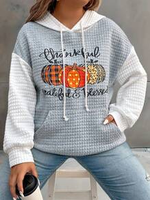 SHEIN LUNE 大码休闲字母和南瓜印花拼色袋鼠口袋连帽衫