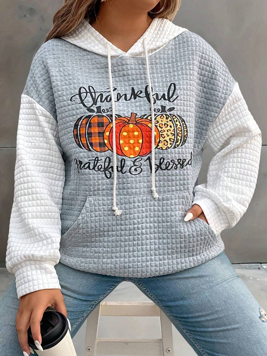 SHEIN LUNE 大码休闲字母和南瓜印花拼色袋鼠口袋连帽衫