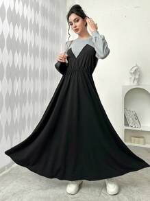 Seusyu 1pc Women Splice Cinched Waist Long Sleeve Hoodie Pullover Fall Outfit - Multicolor - View 3