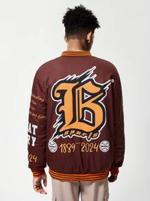 Parte superior casual simple con manga larga, botones delanteros, estampado de letras y unicolor entrelazado para adolescentes varones - Marrón - Ver 2
