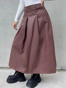Flirla Plus Size Brown PU Skirt With Waist Cinching, Casual And Stylish, Autumn/Winter - Brown - View 5