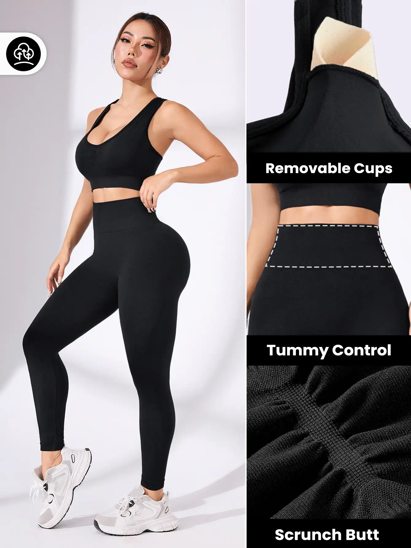 1 Bộ quần áo thể thao bó sát không tay màu trơn đơn giản - màu đen - Xem 7