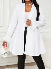SHEIN Lady Eleganter gewebter Wasserfallkragen Midi Mantel mit weitem Saum und langen Ärmeln für Herbst und Winter in Große Größen - Aprikosenfarben - Übersicht 5