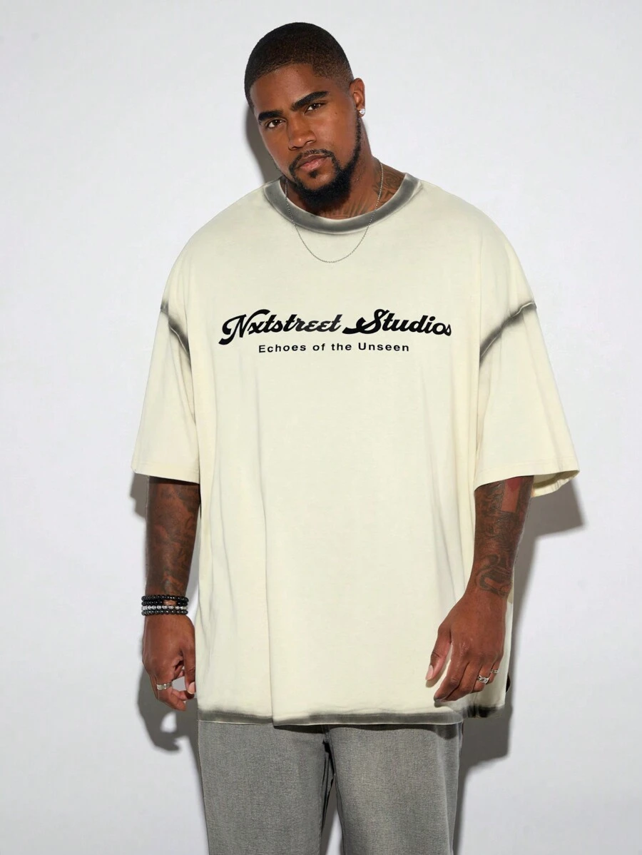 Manfinity VCAY 大码男士宽松落肩圆领字母 T 恤