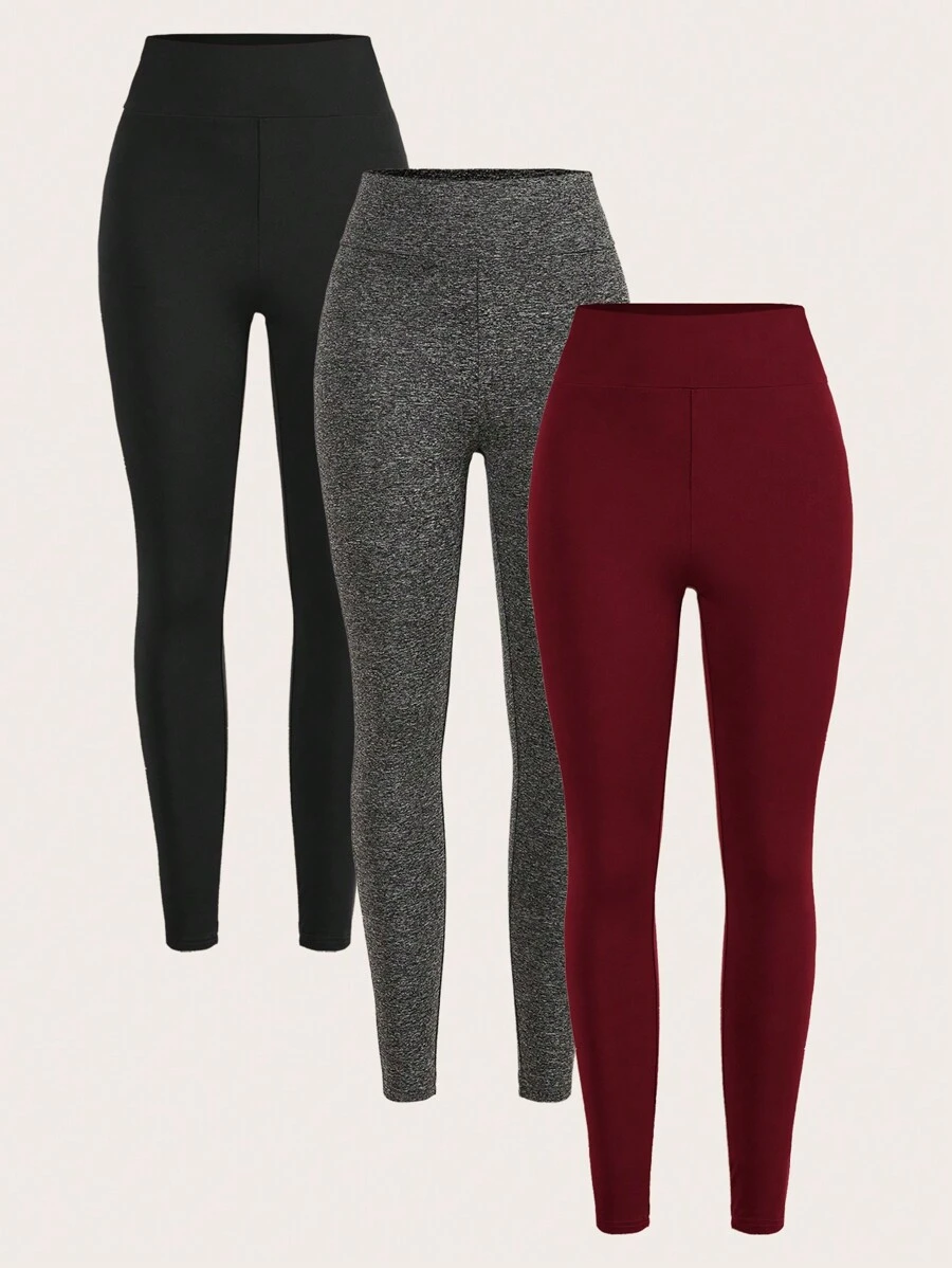 SHEIN Essnce Women's Solid Color High Waisted Skinny Leggings - Burgundy - View 1