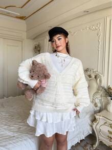 Flirla Plus Size Criss-Cross Back Bow Design Pullover Sweater Knit Pullover Fall Winter - Apricot - View 2
