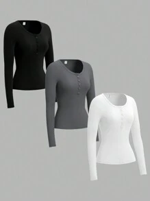 SHEIN Conjunto de 3 piezas de camisetas de manga larga ajustadas informales para niñas preadolescentes, adecuado para otoño/invierno