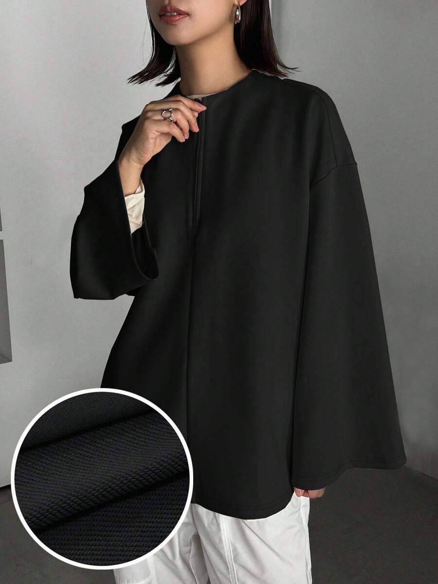 FRIFUL 女式休闲宽松落肩长袖拉链立领 T 恤，秋季 - 黑色 - 查看 1