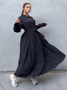 Flirla Plus Size Women Solid Color Belt Decor Casual Long Sleeve Pleated Dress - Black - View 3