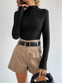 SHEIN Clasi 女士休闲纯色罗纹针织立领修身 T 恤，秋季 - 黑色 - 查看 5