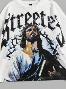 Manfinity VCAY 男士数码印花宽松针织长袖叠层T恤，男友礼物，外出穿着，秋季必备 - 黑與白 - 查看 3