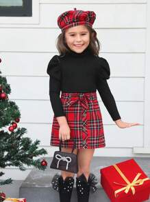 SHEIN Tricou cu mânecă lungă cu gât roscat pentru fete tinere + fustă mini în carouri roșu verde de Crăciun + set de pălărie beretă, stil casual Preppy, potrivit pentru toamnă/iarnă, excelent pentru ținute ocazionale și zilnice și școală zilnic toamna și iarna, pentru Crăciun, fete Haine de iarnă, haine de Crăciun, haine de petrecere, îmbrăcăminte zilnică școală zilnică, haine de zi de naștere, haine de prințesă, potrivire pentru mama și fiica și surorile
