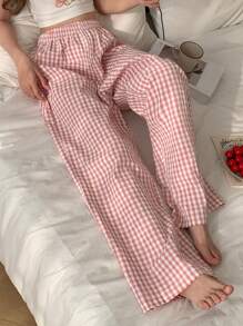 DAZY 简约格纹阔腿宽松睡裤，秋冬款 - 粉色 - 查看 9