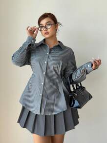 POPSWAY 1 件女式加大码基本款条纹图案腰带领长袖休闲衬衫，适合工作和学校穿着，春秋季 - 彩色 - 查看 6