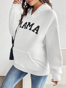 SHEIN Maternity Casual Letter Print Pocket Hoodie Sweatshirt, For Winter